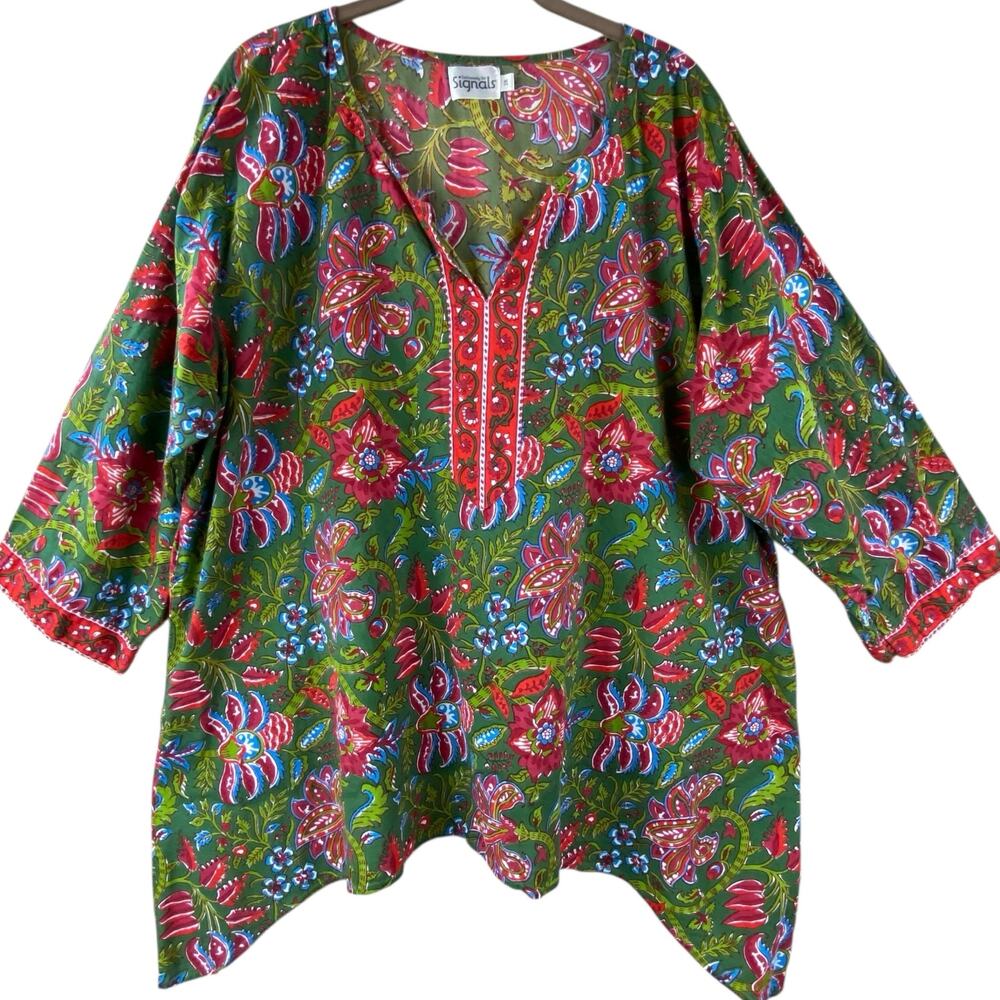 Signals Floral Block Print Tunic Top Size 2x Gree… - image 1